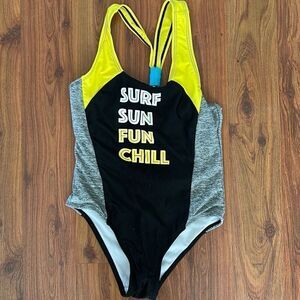 Big Chill gray and yellow surf sun fun chill one piece swimsuit bathing suit gir